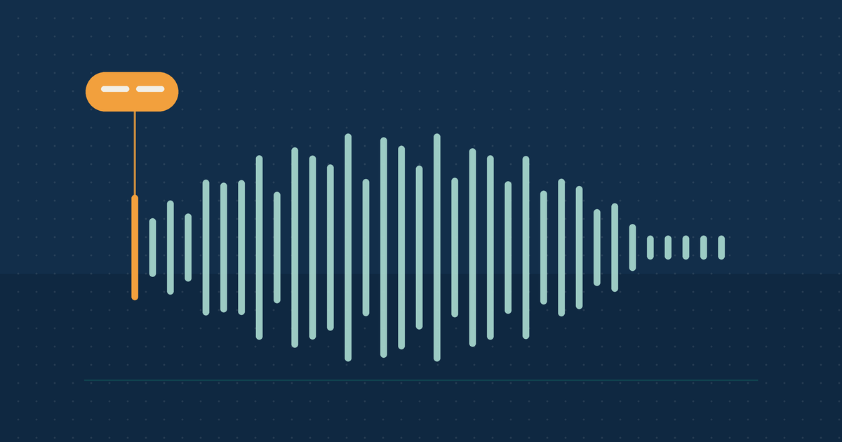 Illustration of a speech waveform carrying a small attached label tag, representing an AI voice that identifies itself at the moment it speaks