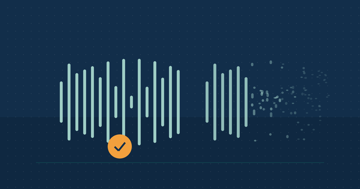 Illustration of two identical speech waveforms side by side, one marked with a solid verification badge and one dissolving into fragments, representing a genuine call and a cloned one